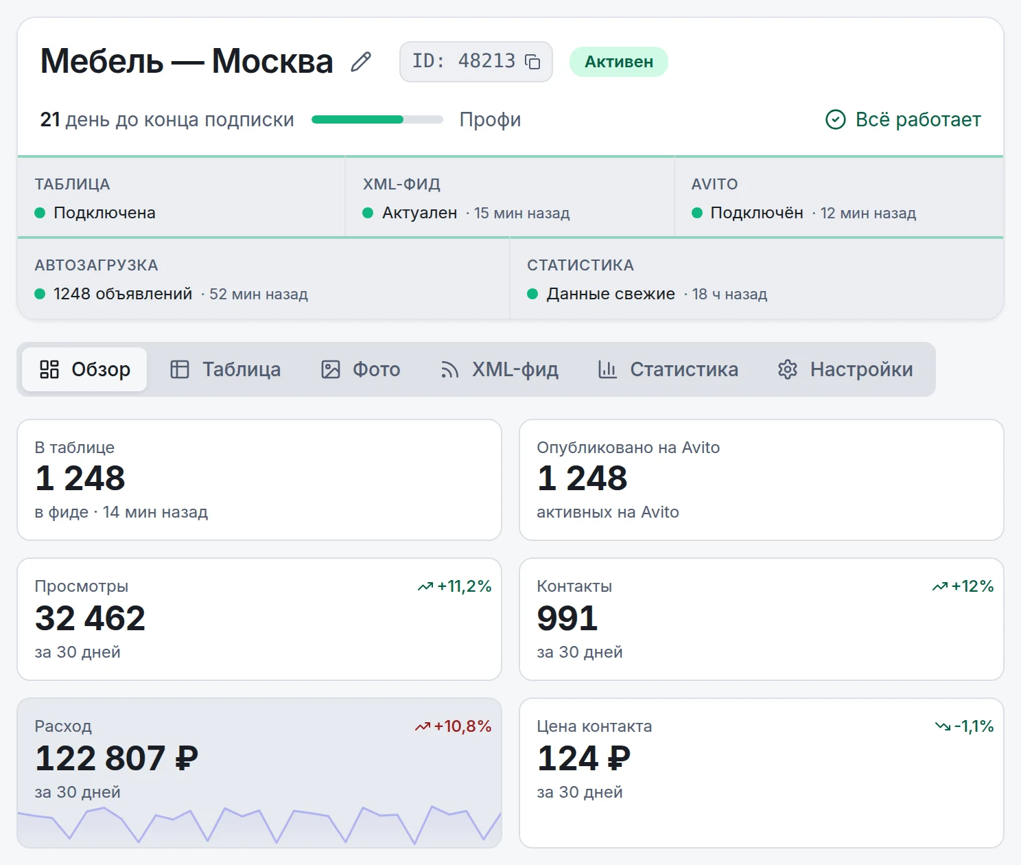 Страница проекта в кабинете Markoos: подписка, путь «таблица → XML-фид → Авито» и итоги за 30 дней